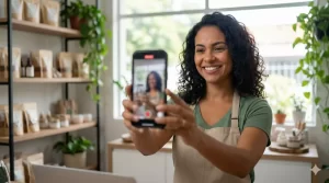 Empresária gravando vídeo curto com o celular atrás do balcão da loja para divulgar a pequena empresa nas redes sociais.