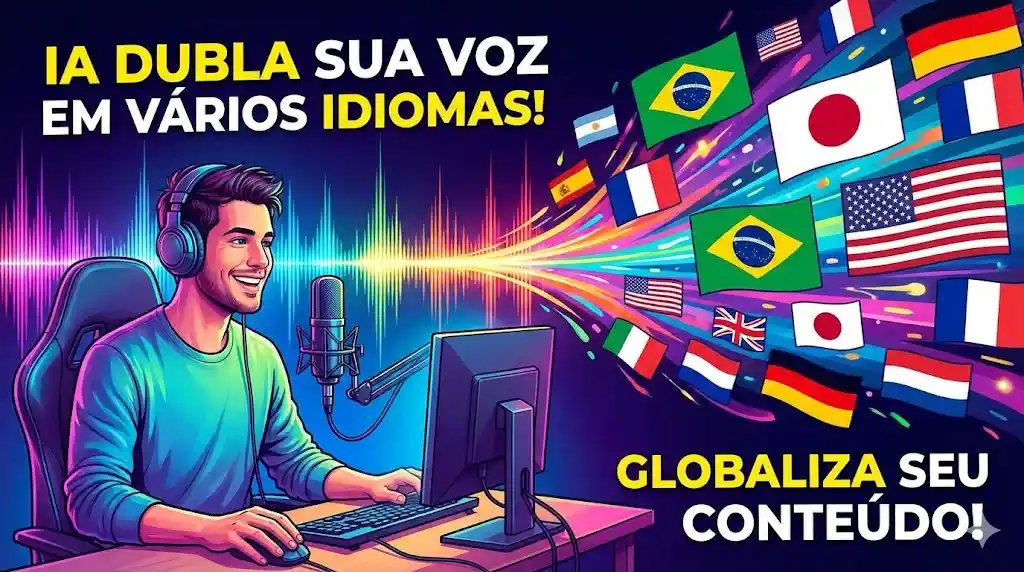 Criador de conteúdo usando IA para gerar vídeos com dublagem automática em vários idiomas.