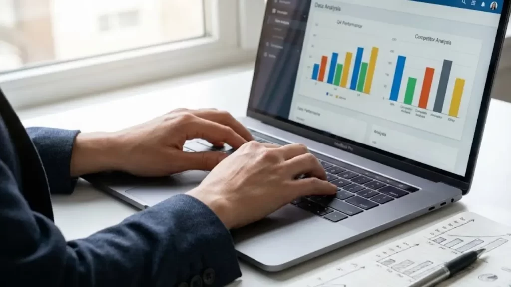 Mãos de profissional digitando em notebook premium ao lado de anotações gráficas, utilizando software de inteligência competitiva PPC para análise de dados e métricas.