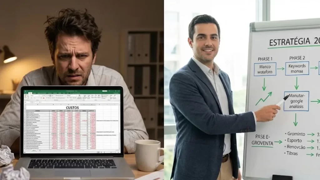 Comparação entre empresário confuso com custos e consultor de SEO apresentando estratégia clara.