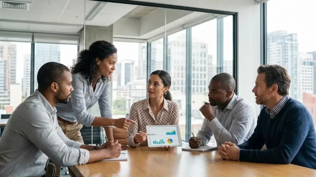 Dashboard de vendas moderno em laptop exibindo gráficos de inteligência artificial em escritório executivo.