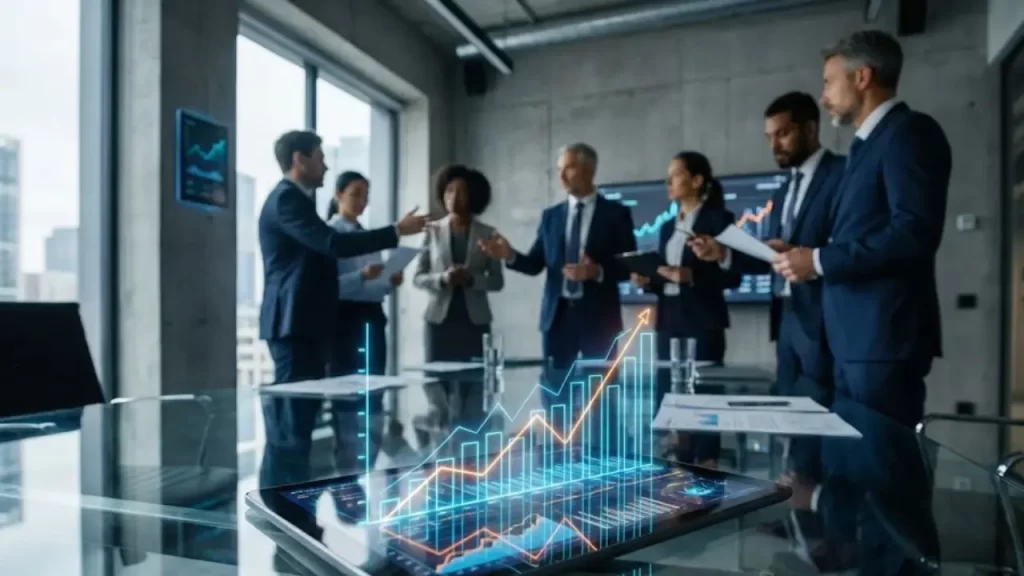 Gráficos de desempenho de vendas em tablet sobre mesa de reunião corporativa.