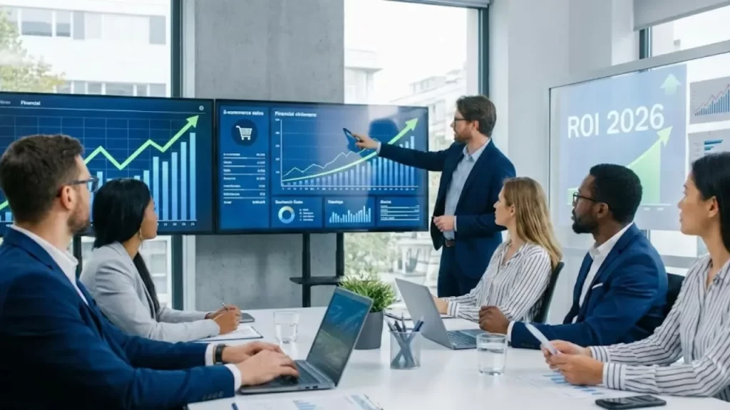 Fotografia realista de uma equipe de negócios analisando gráficos de crescimento financeiro e vendas online em telas, com o texto "Vendas Online 2026: Estratégia & ROI" sobreposto de forma sutil.