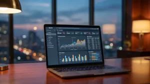 Equipe de vendas reunida analisando dados em um tablet em sala de reuniões moderna.