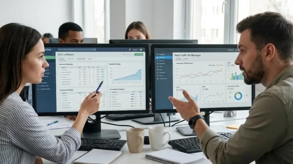 Casal de profissionais de marketing em um escritório analisando dados em dois monitores: um com ferramentas de SEO para empresas e outro com plataformas de tráfego pago.