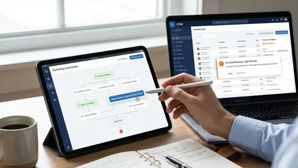 Telas de laptop e tablet mostrando interfaces de software de automação de marketing e CRM integrados com recursos de inteligência artificial sendo utilizados por um gestor.