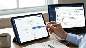 Telas de laptop e tablet mostrando interfaces de software de automação de marketing e CRM integrados com recursos de inteligência artificial sendo utilizados por um gestor.