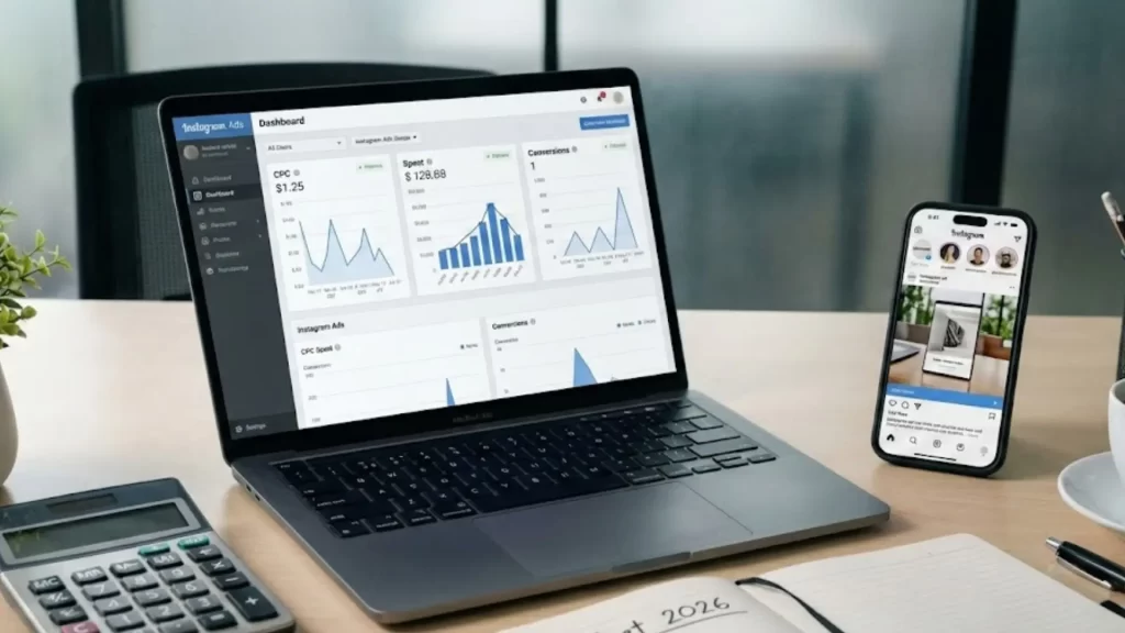 Fotografia de uma mesa de trabalho com notebook mostrando painel de controle do Instagram Ads, calculadora e anotações sobre orçamento 2026.