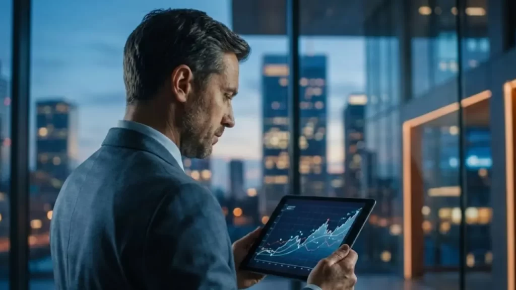 Diretor de marketing analisando gráfico de retorno financeiro em tablet num escritório moderno.