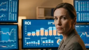 Gestora de tráfego sênior analisando múltiplos monitores com gráficos de desempenho financeiro para identificar erros na gestão de Google Ads e recuperar o ROI.