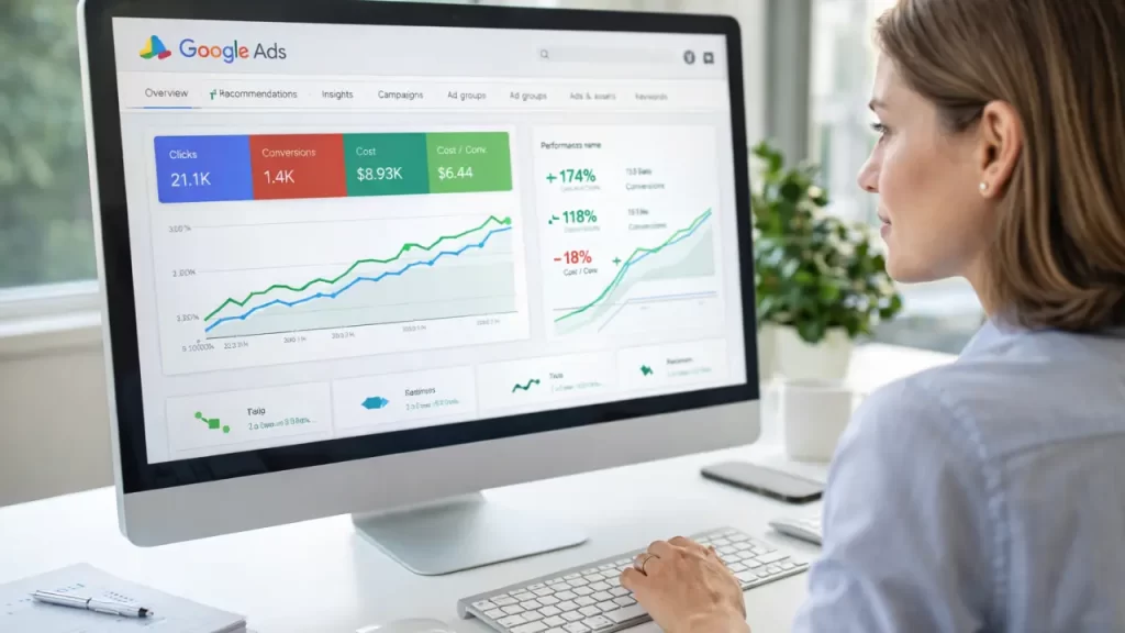 Mulher de negócios analisando dados de custo por clique e conversão em um monitor de computador em ambiente profissional.