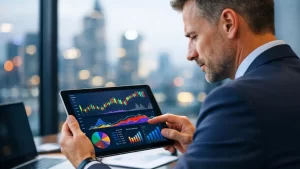 Executivo em escritório moderno segurando tablet com gráficos financeiros comparando retorno de investimento em marketing digital.