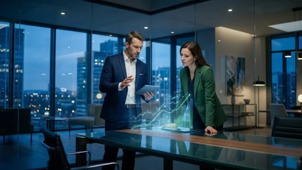 Executivos analisando gráficos financeiros brilhantes em uma tela transparente, discutindo investimentos em inteligência artificial corporativa.