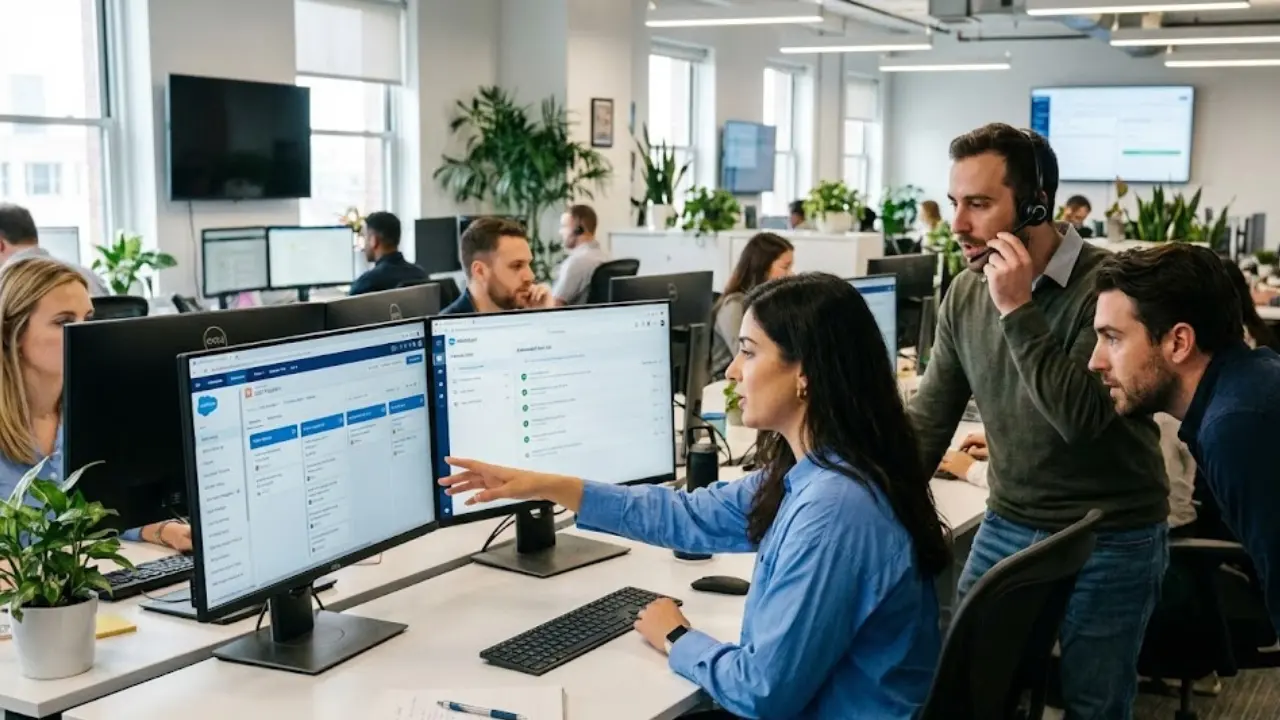 Equipe de vendas em escritório analisando telas com funil comercial, automações e indicadores de atendimento