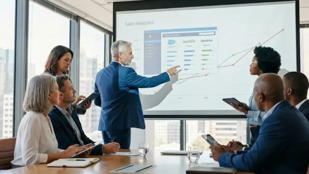 Grupo de executivos em sala de reunião analisando gráficos em tela grande sobre desempenho de softwares de vendas.