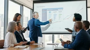 Grupo de executivos em sala de reunião analisando gráficos em tela grande sobre desempenho de softwares de vendas.