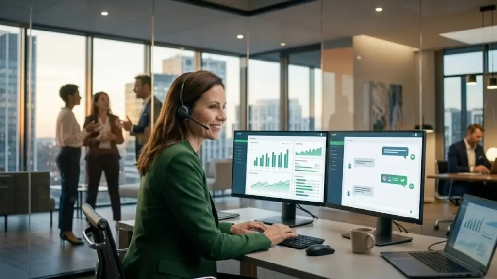 Profissional de vendas sorrindo enquanto usa um monitor duplo com dashboards de CRM integrados ao WhatsApp.