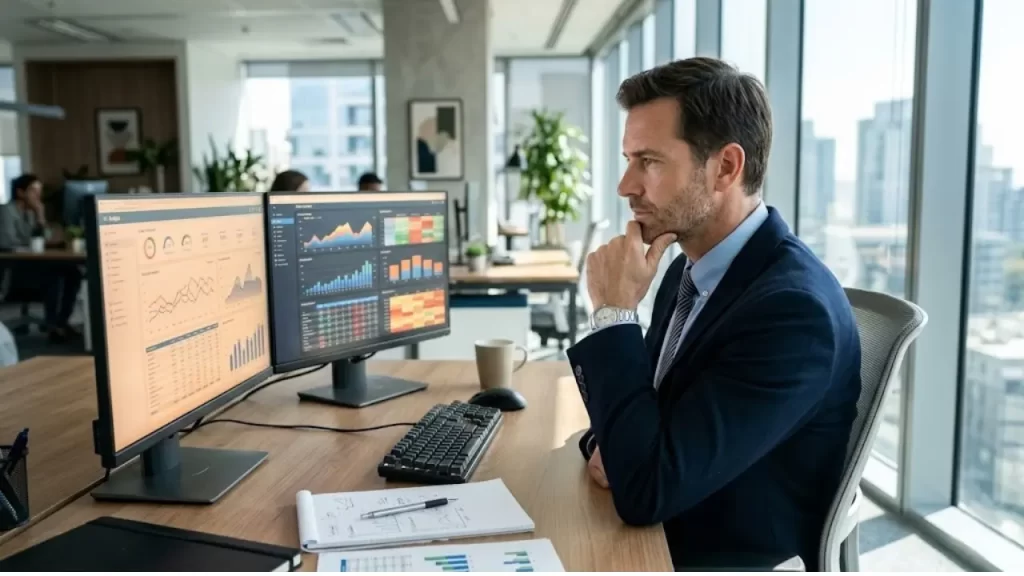 Homem de negócios analisando painéis de dados no computador para calcular o orçamento ideal para tráfego pago.