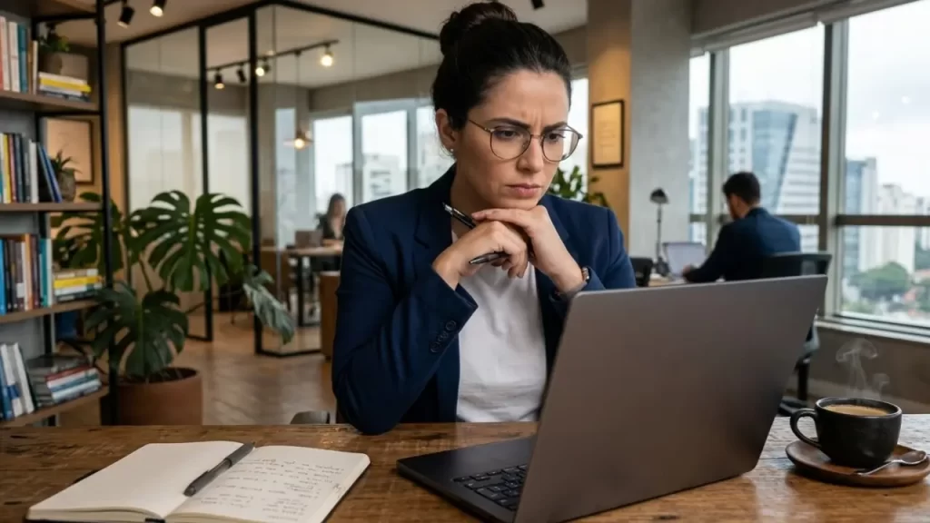 Especialista financeira trabalhando em um notebook, com foco em planilhas de custos e projeções de retorno.