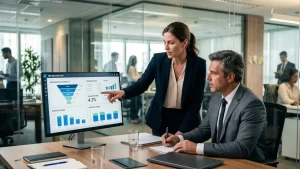 Dois profissionais de marketing discutindo estratégias diante de um monitor com dashboards de análise de dados.