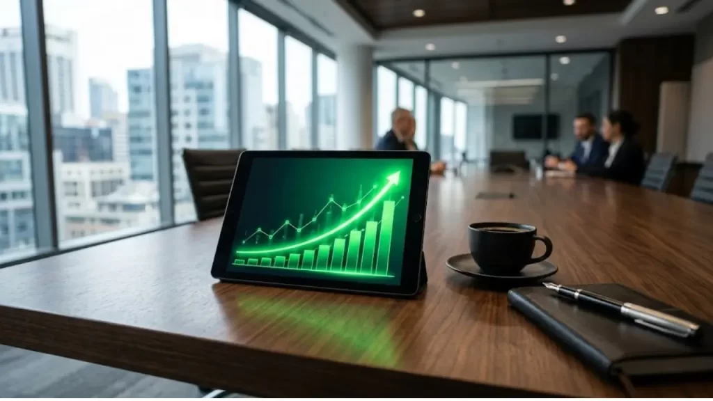 Tablet sobre uma mesa corporativa mostrando um gráfico financeiro ascendente representando o retorno sobre investimento em tráfego pago.