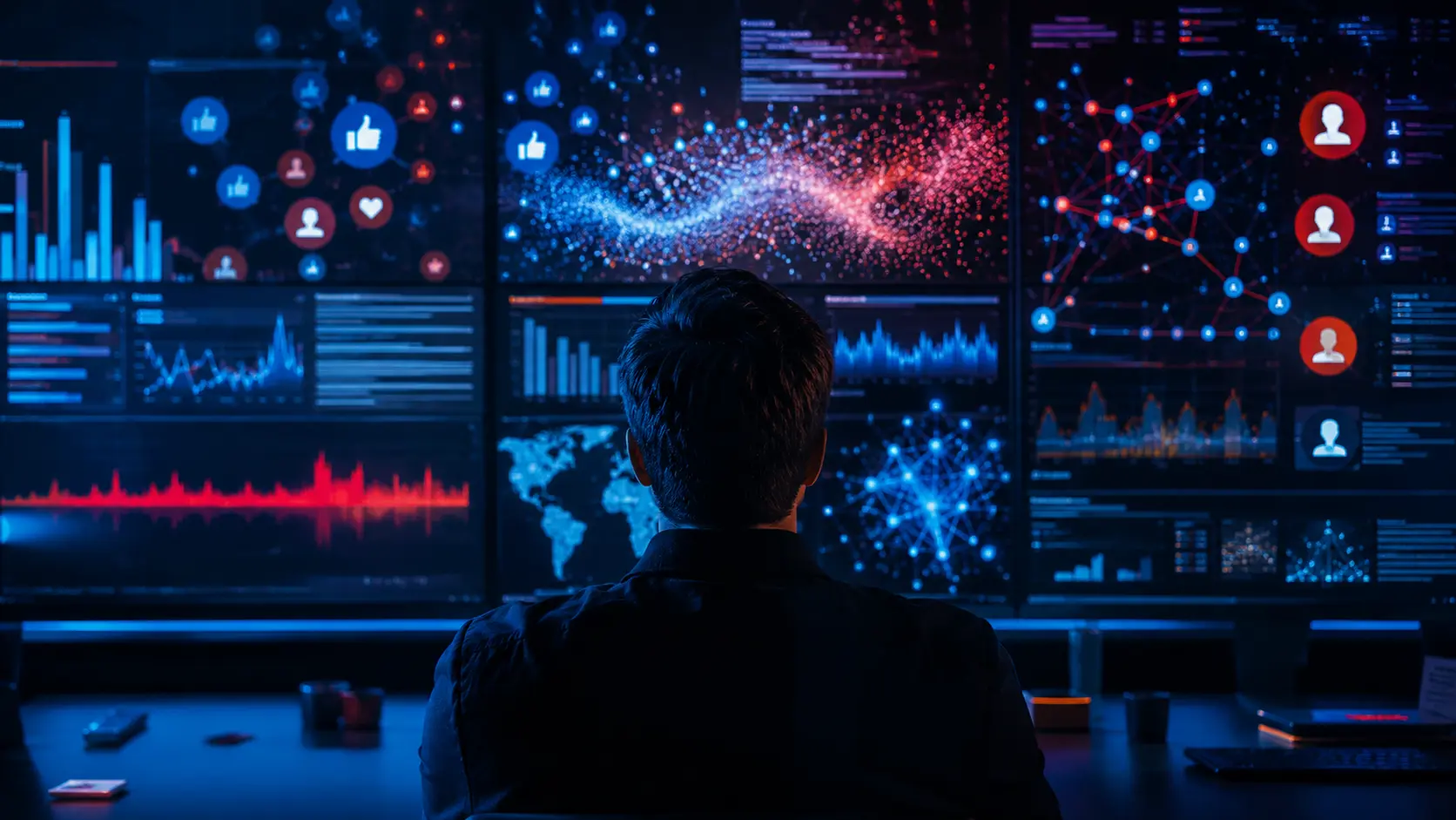 Pessoa de costas observando uma parede de telas digitais com gráficos, notificações, redes de dados e ícones de engajamento