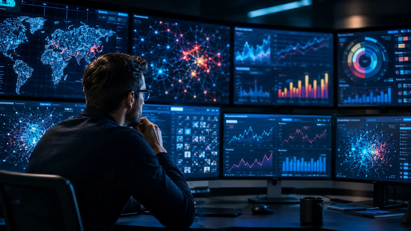 Analista de mídia observando vários monitores com gráficos de viralização, mapas digitais e fluxos de compartilhamento