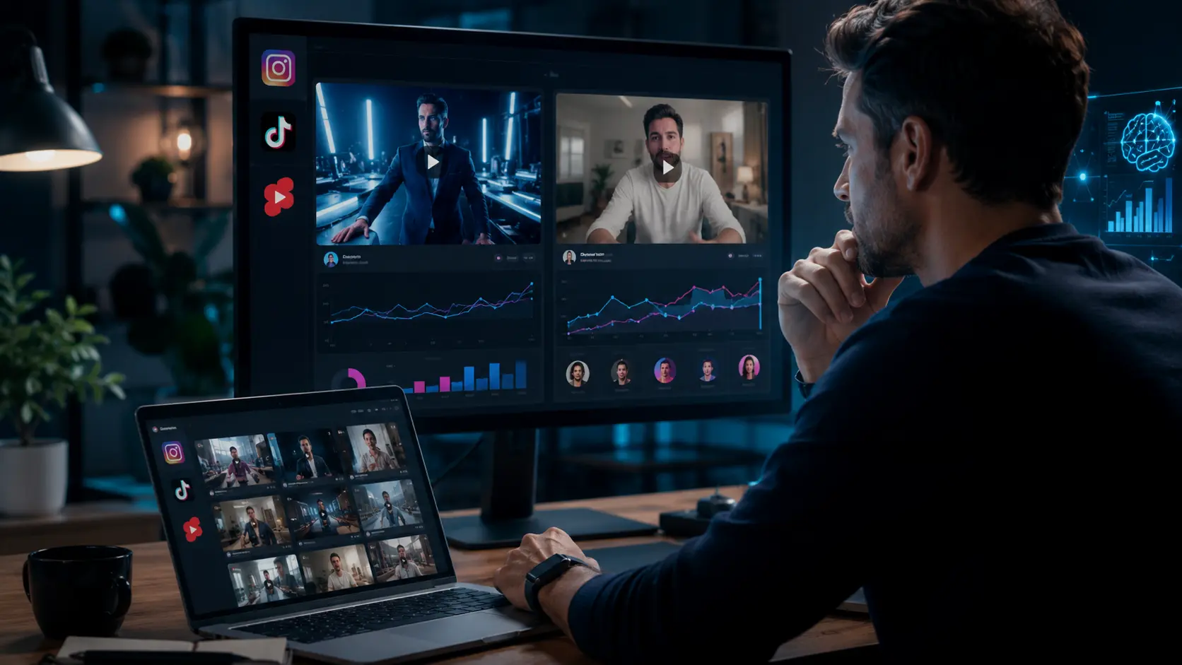 Profissional analisando vídeos simples e vídeos superproduzidos em telas com métricas de redes sociais