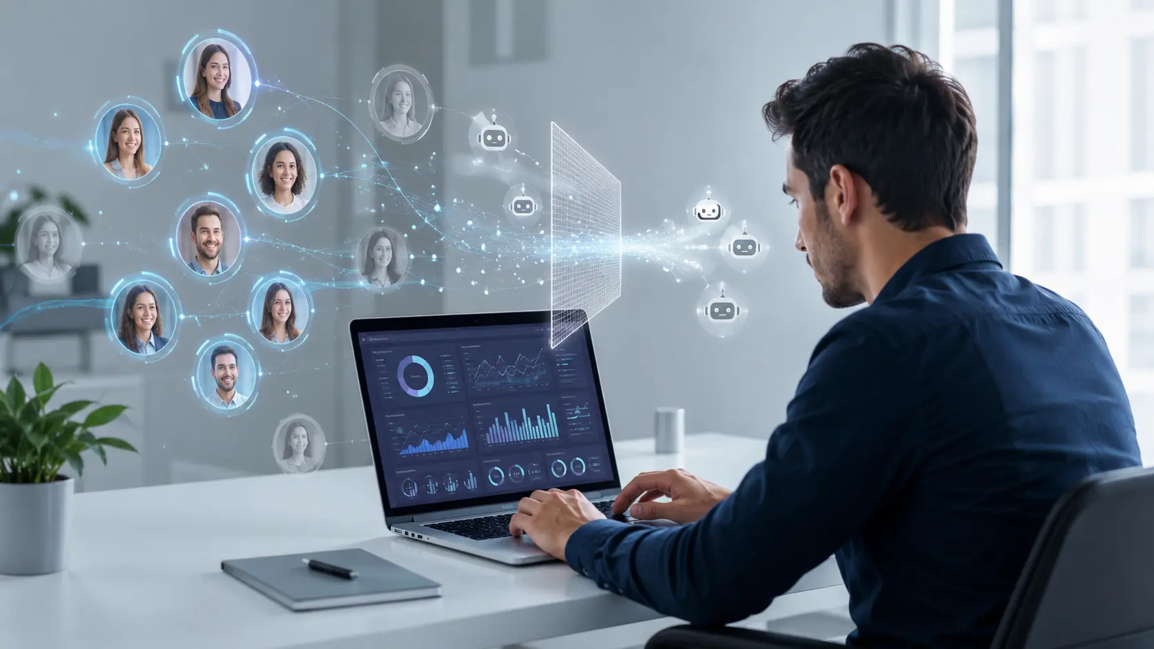 Profissional de marketing analisando gráficos de audiência em um notebook com perfis reais e robôs digitais sendo separados por filtros holográficos