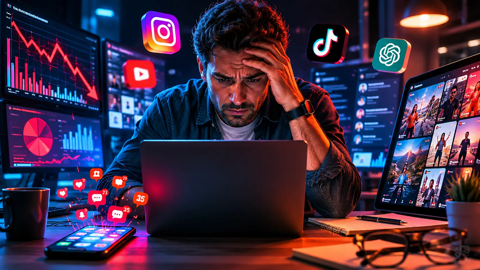 Empresário olhando preocupado para telas com redes sociais, gráficos caindo e notificações digitais