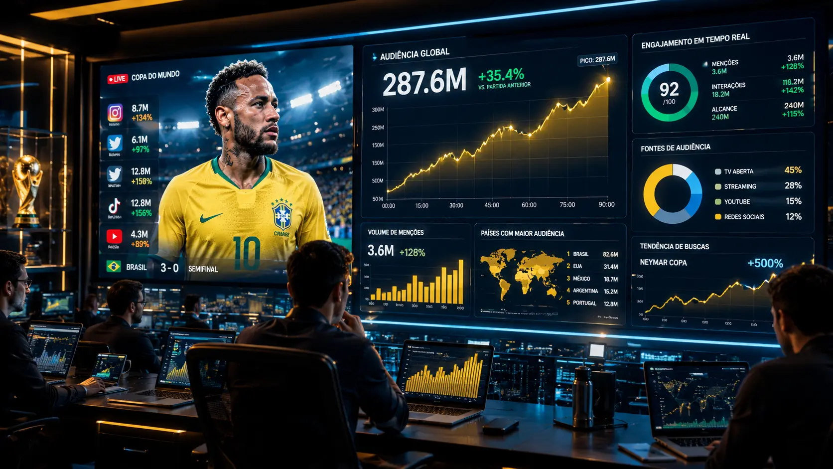 Analistas em central moderna acompanhando transmissão de Neymar e gráficos de audiência digital em grandes telas