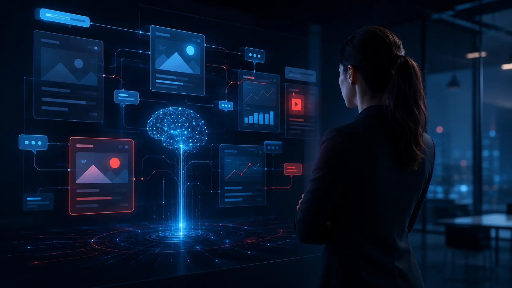 Profissional de marketing observando uma interface holográfica com cards de anúncios digitais, gráficos e elementos de inteligência artificial