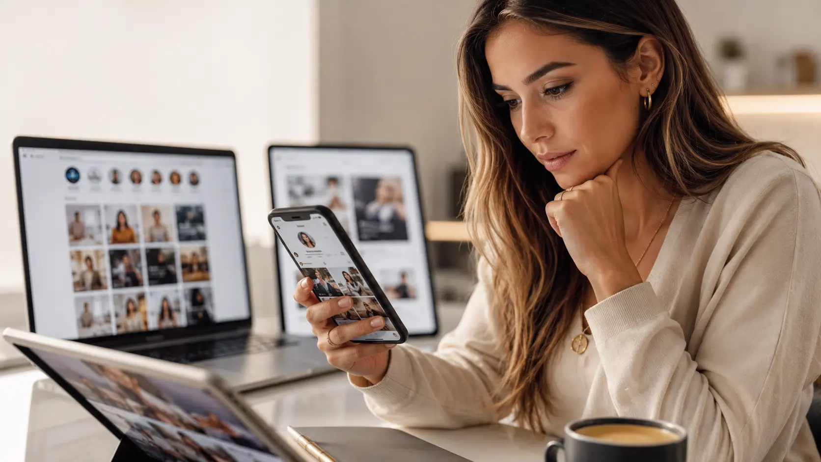Mulher analisando rapidamente um perfil comercial no celular enquanto outras marcas aparecem desfocadas ao fundo