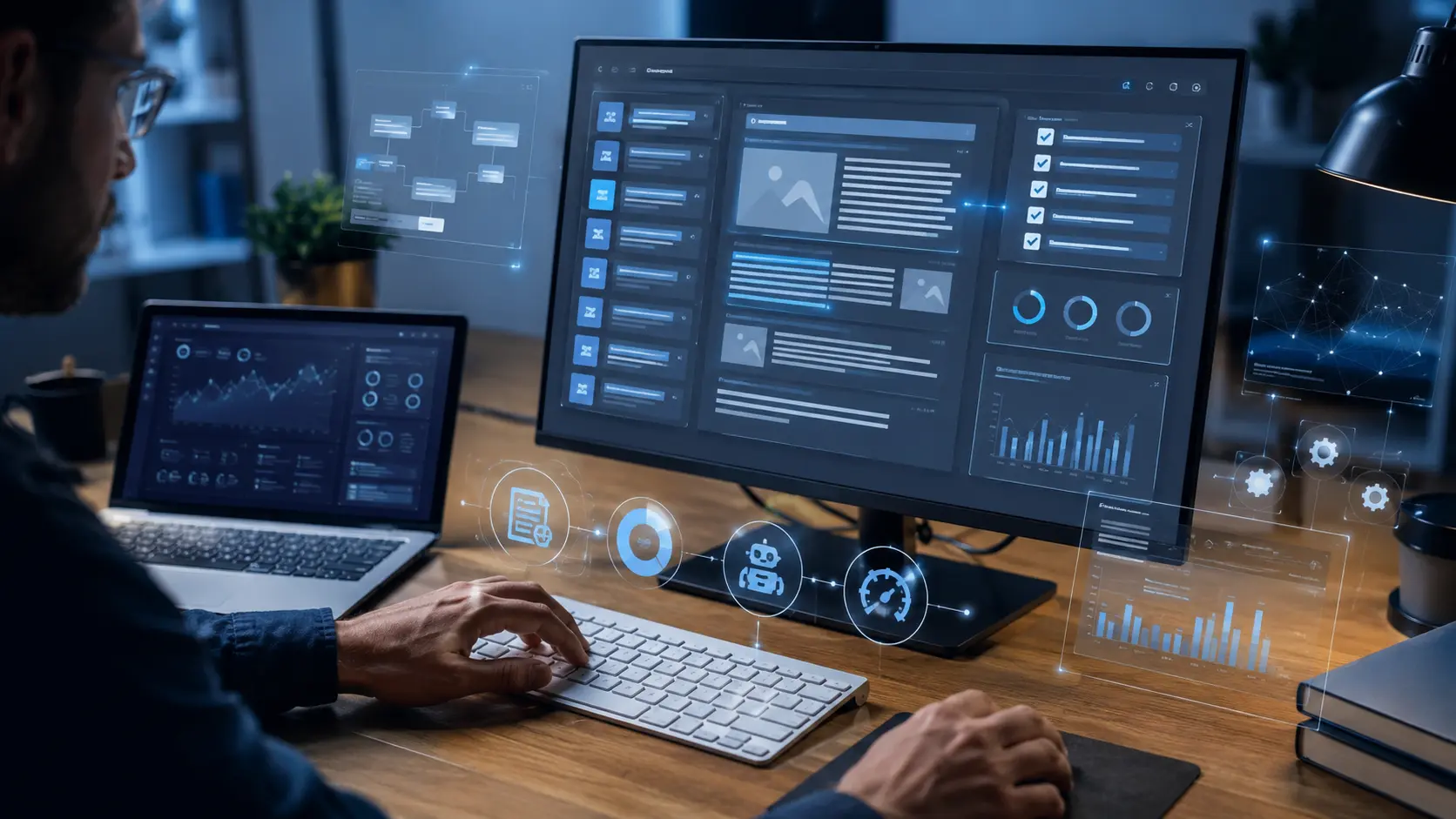 Profissional revisando conteúdo em monitor e notebook com painéis digitais de SEO e inteligência artificial
