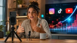 Pessoa gravando conteúdo simples no celular com ícones de Instagram, TikTok e YouTube ao fundo.