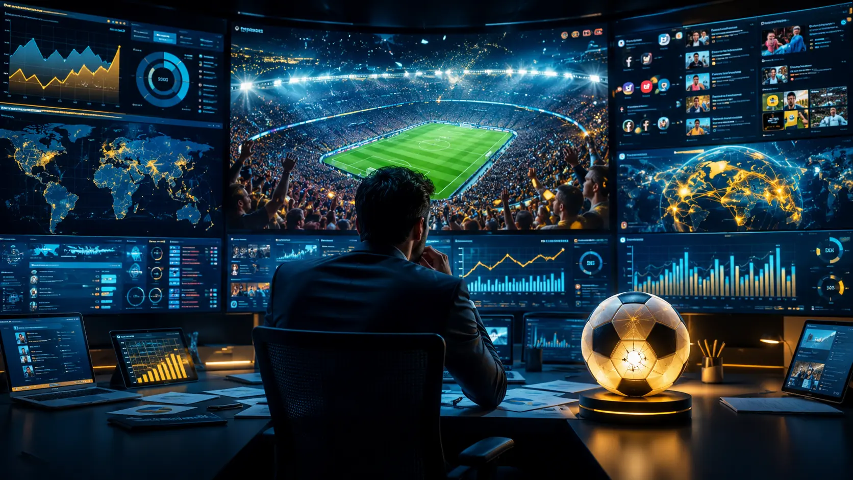 Estrategista de marketing observando telas com estádio de futebol, gráficos de audiência, redes sociais e mapa global