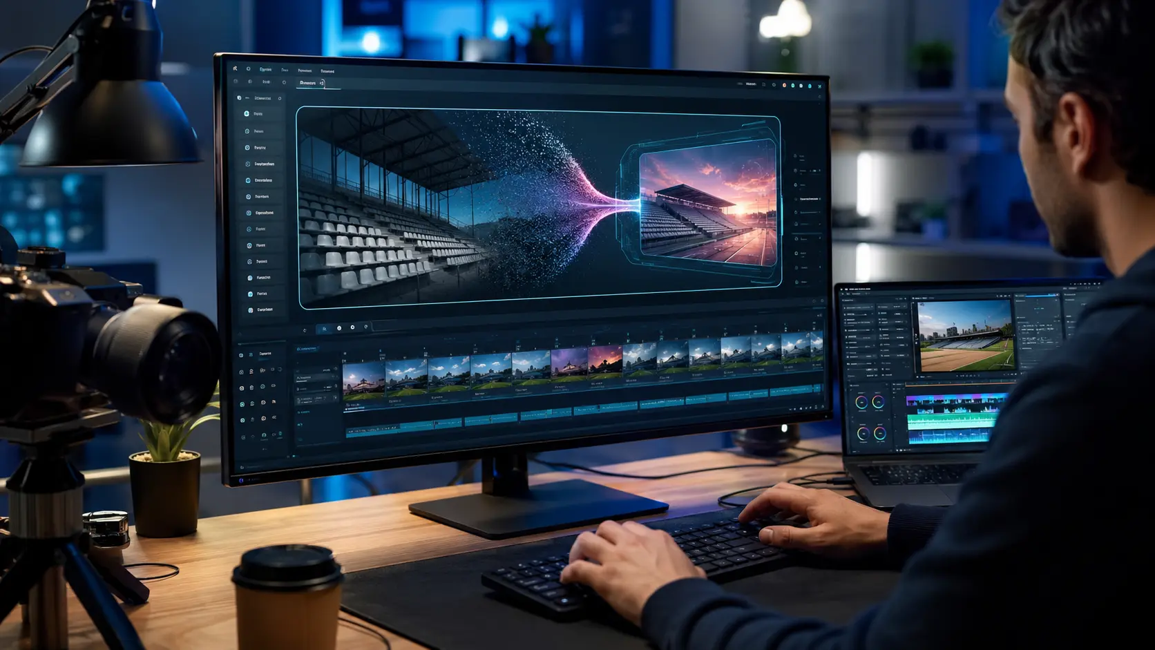 Criador de conteúdo usando computador com interface de inteligência artificial para transformar imagem de arquibancada em vídeo
