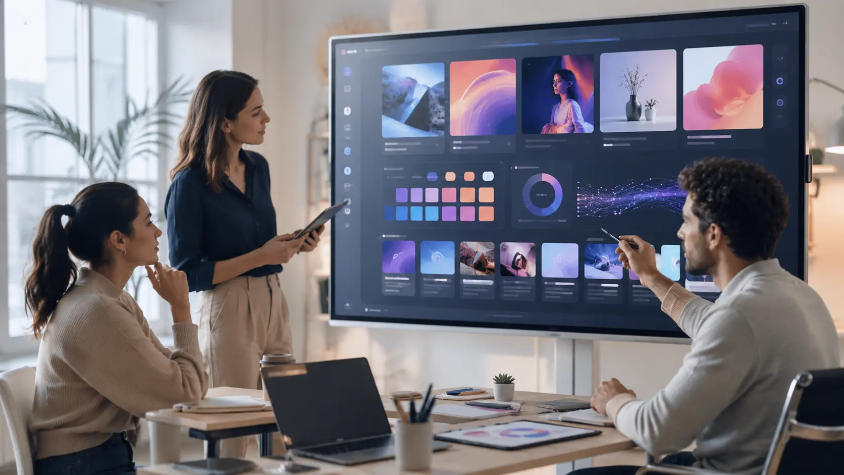 Equipe criativa analisando uma tela grande com painel de inteligência artificial, posts, vídeos e elementos de identidade visual