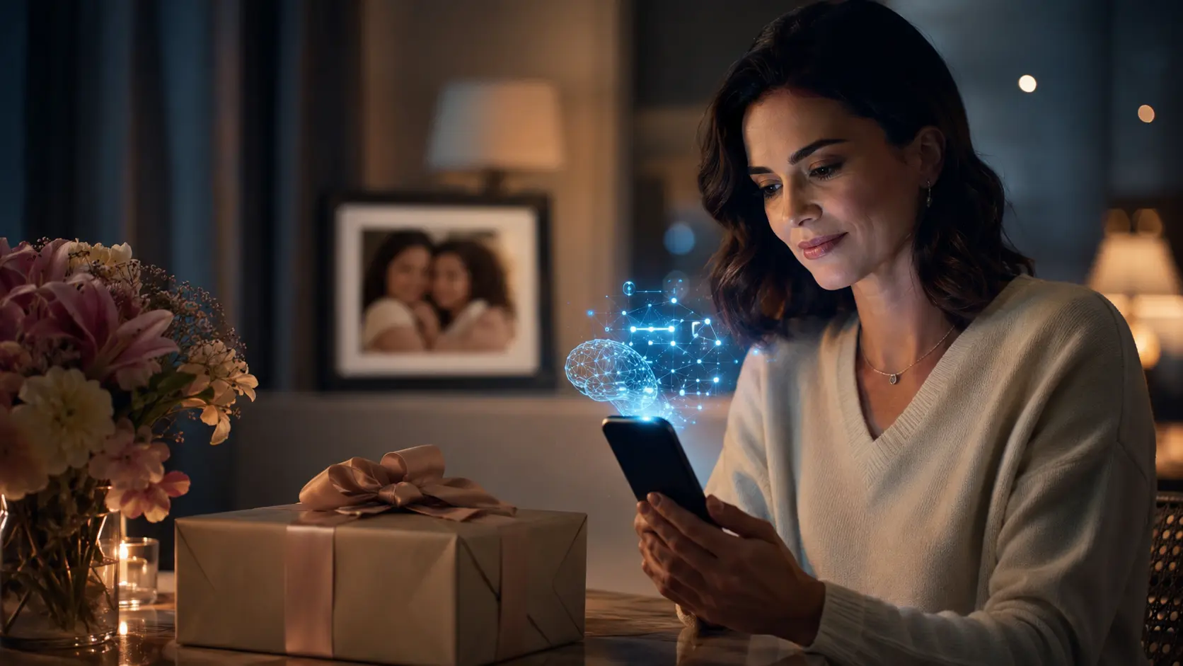 Mulher segurando celular com interface de inteligência artificial ao lado de presente e flores para o Dia das Mães