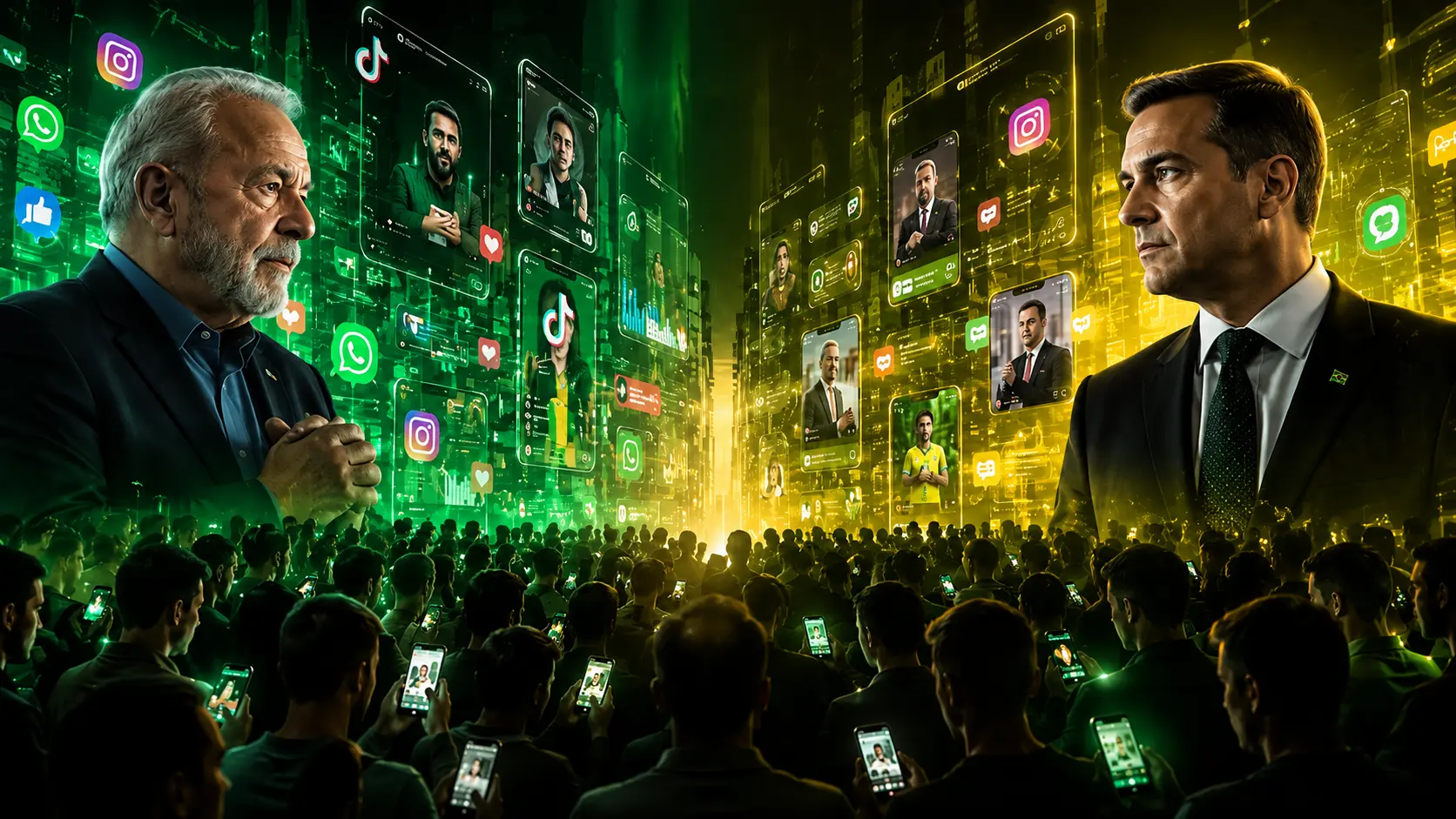 Lula e Flávio Bolsonaro em lados opostos de um cenário futurista com multidão usando celulares e telas digitais ao fundo