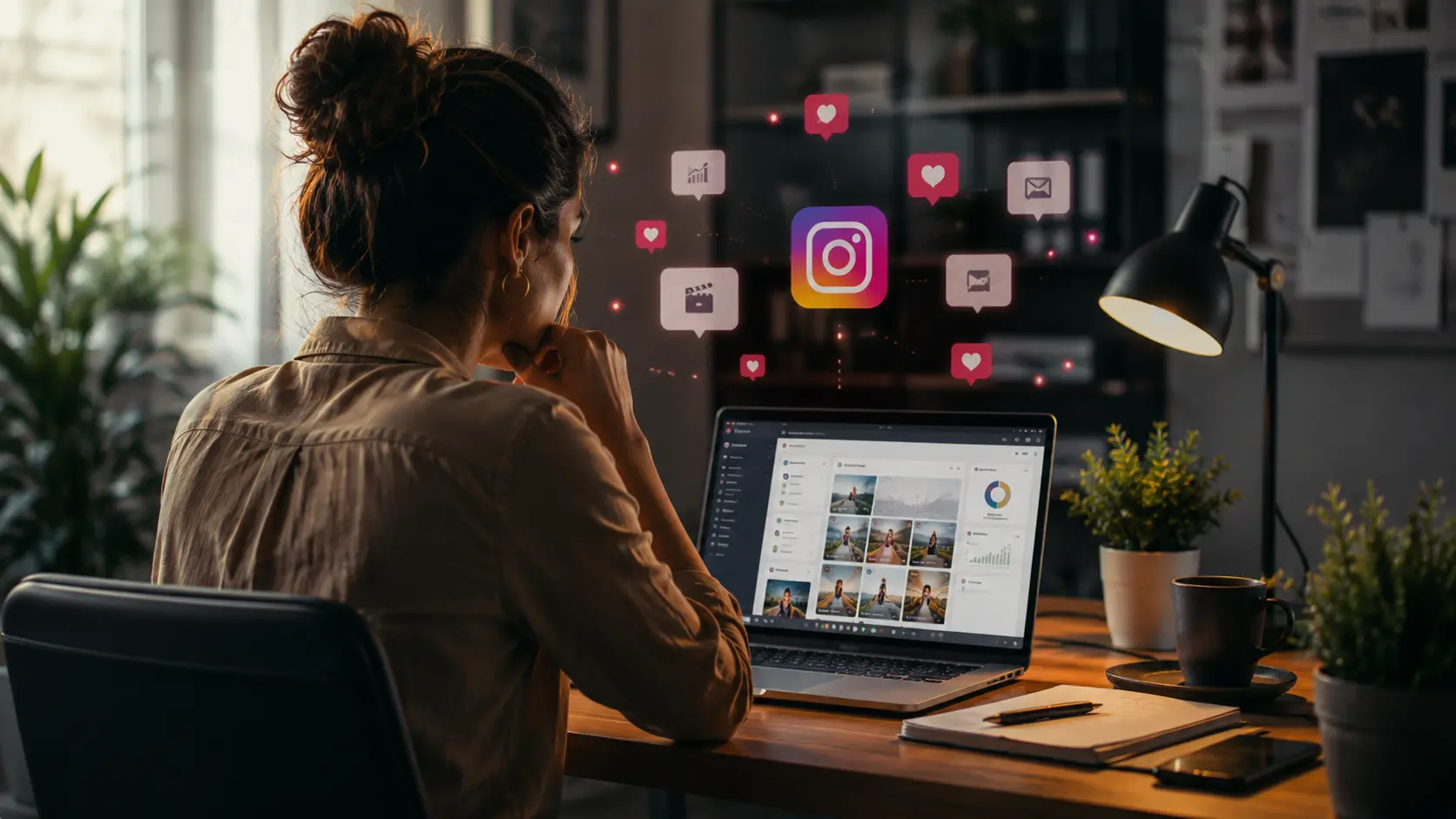 Empreendedora sentada em uma mesa olhando para o notebook enquanto gerencia redes sociais
