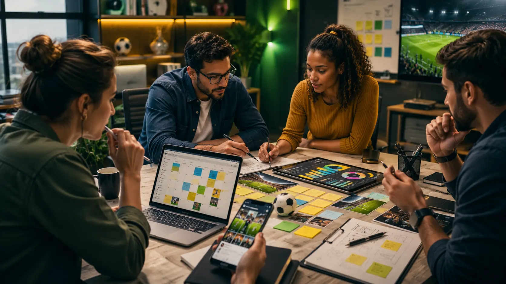 Equipe de marketing planejando campanha digital para a Copa do Mundo com notebook, tablet, smartphone, post-its e pequena bola de futebol sobre a mesa