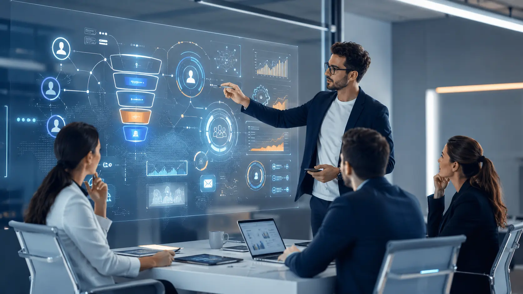 Equipe de marketing analisando painel digital com funil de vendas, gráficos e elementos de inteligência artificial