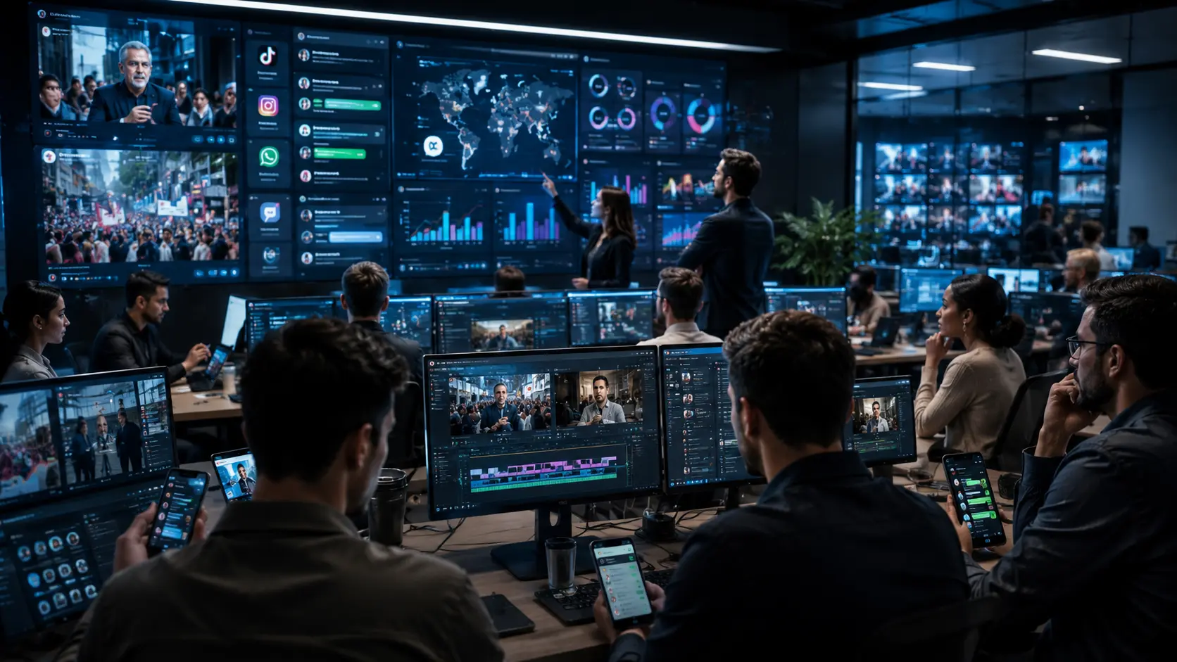 Equipe de campanha política analisando gráficos, vídeos curtos e conversas em celulares dentro de uma central tecnológica