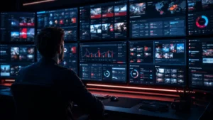 Profissional de marketing analisando várias telas com anúncios digitais e gráficos de desempenho em ambiente cinematográfico.