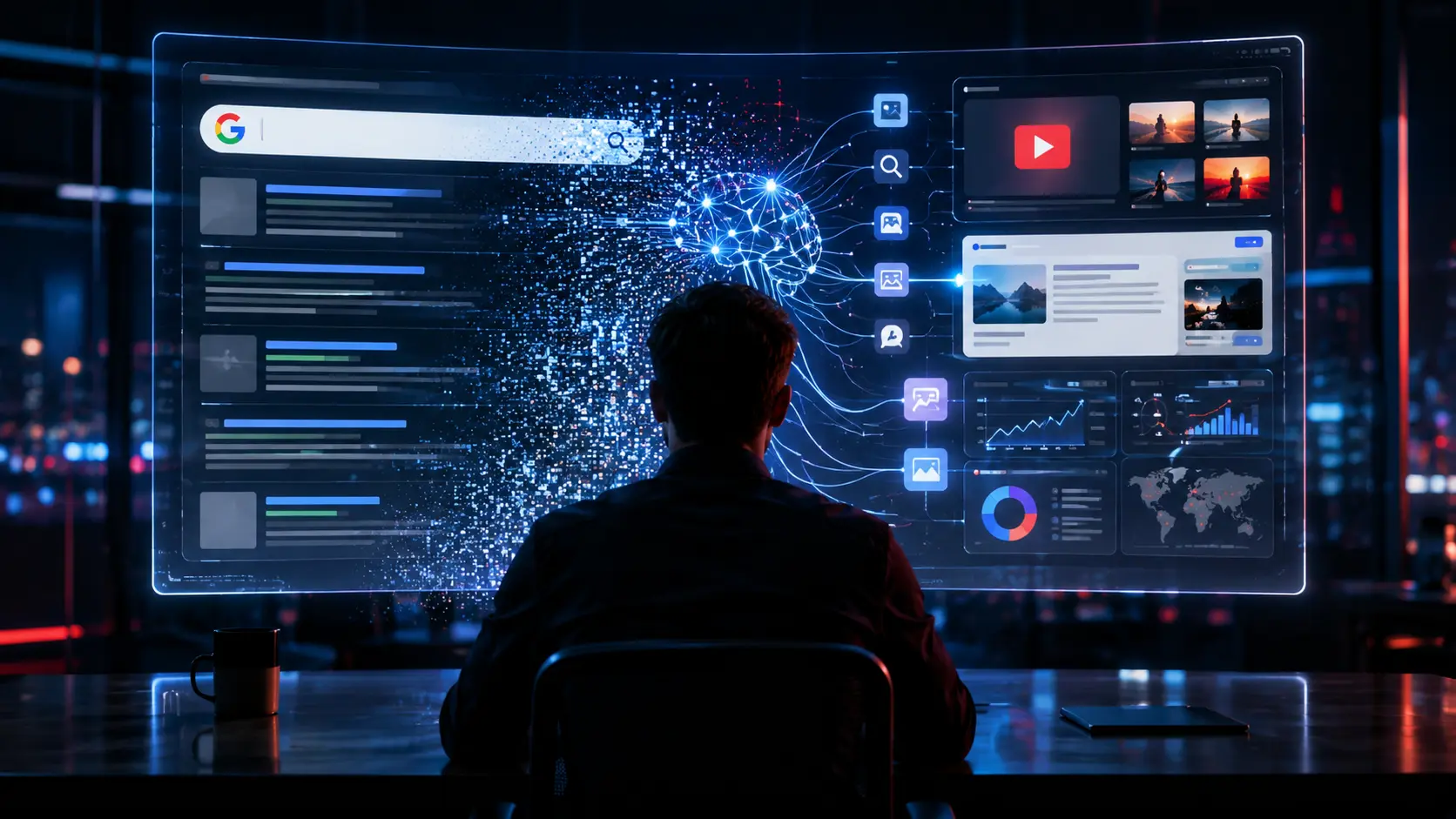 Pessoa de costas observando uma tela futurista com busca do Google, vídeos do YouTube, gráficos de SEO e elementos de inteligência artificial