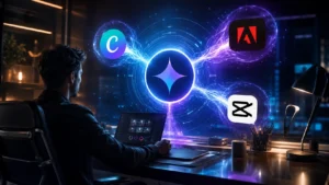 Profissional criativo diante de interface futurista do Gemini com ícones de Canva, Adobe e CapCut ao redor.