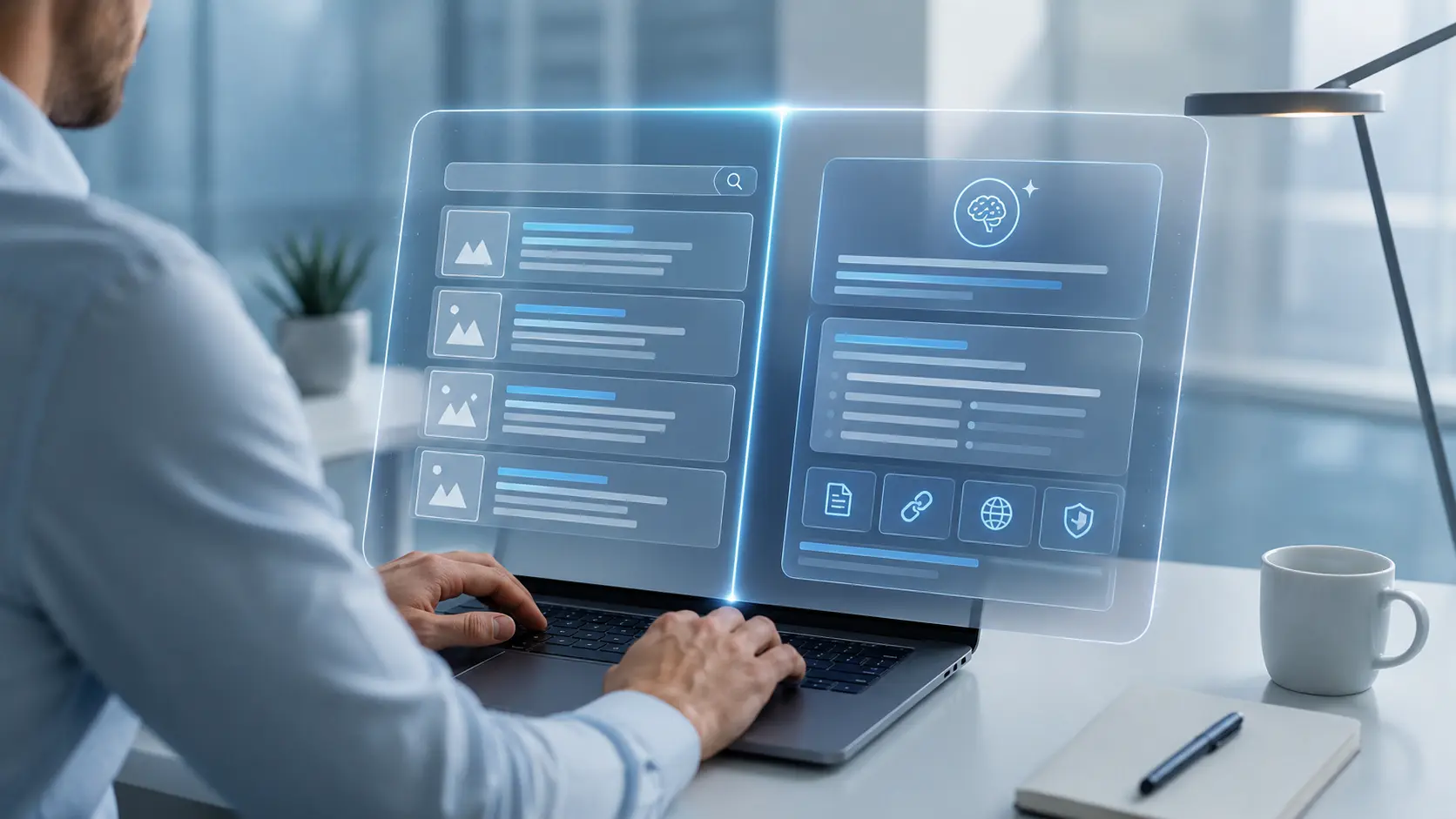 Pessoa em escritório escuro analisando uma interface holográfica futurista com gráficos, blocos de resposta e conexões digitais