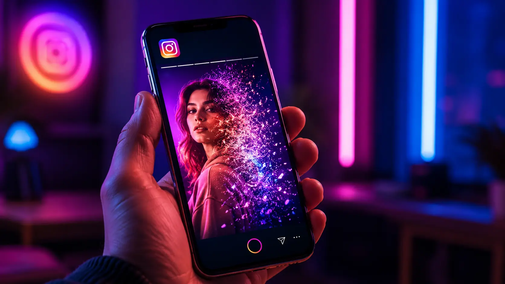 Pessoa segurando celular com interface do Instagram e foto temporária desaparecendo na tela