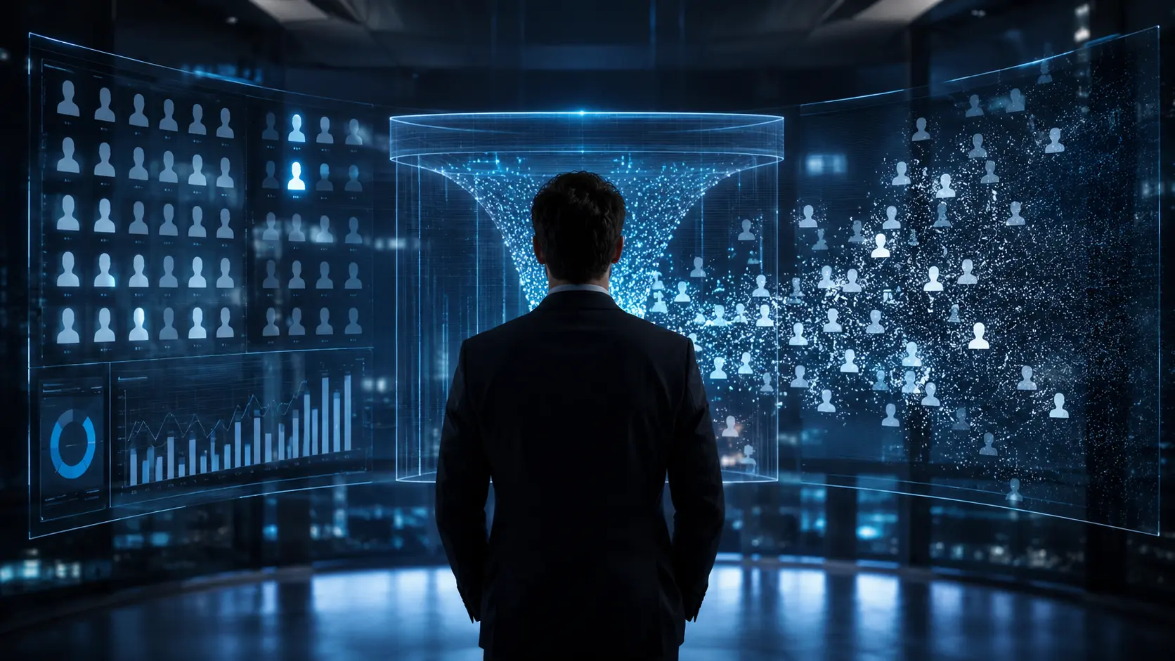 Pessoa de costas analisando painéis digitais holográficos com ícones de perfis sendo filtrados por inteligência artificial